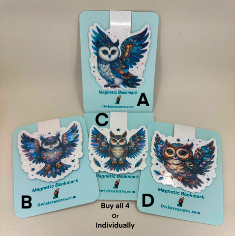 Magnetic Owl Bookmark Set – 4 Holographic or Clear Laminate Bookmarks | Buy Individually or Full Set