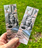 American Shorthair Silver Tabby Bookmark with cozy books coffee and reading room artwork