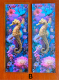 Seahorse bookmark shown in matte and laminated finishes