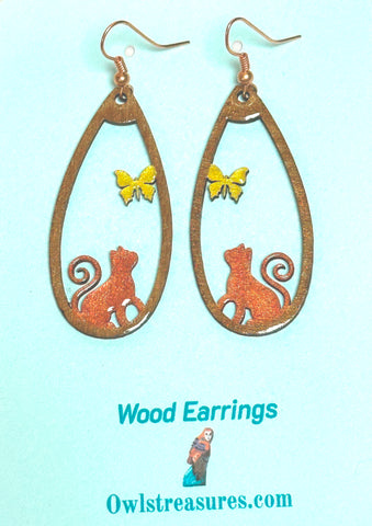 Cat and Butterfly Wood Earrings – Hand-Painted Basswood with Resin Finish