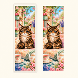 Cute cat bookmark with fluffy chibi cat, floral reading nook, tea set, flowers, and matte or laminated finish options.