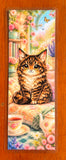 Cute cat bookmark with fluffy chibi cat, floral reading nook, tea set, flowers, and matte or laminated finish options.