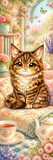Cute cat bookmark with fluffy chibi cat, floral reading nook, tea set, flowers, and matte or laminated finish options.