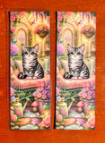 Floral Silver Tabby Cat Bookmark with garden flowers butterflies and cozy cottagecore artwork