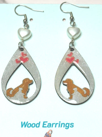 Dog & Cat with Hearts Earrings – Hand Painted Wood Jewelry with Resin Finish