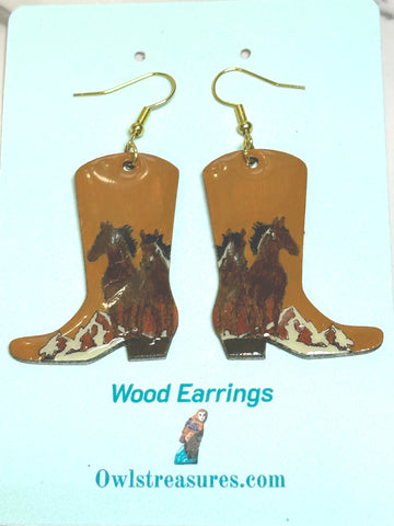 Cowboy Boot & Mustang Horse Lover Earrings – Hand-Painted Basswood with Resin Finish