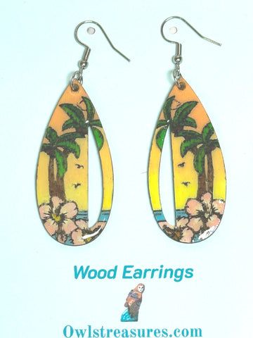 Tropical Palm Tree Earrings – Hand Painted Sunset Beach Wood Earrings with Resin