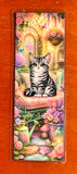 Laminated silver tabby cat bookmark with colorful floral cottagecore design