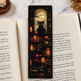 Midnight Library black cat bookmark with pumpkins, candles, and books