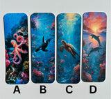 Ocean sea life bookmark set with octopus, orca, sea turtle, and dolphin