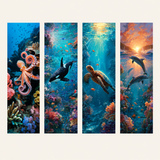 Ocean sea life bookmark set with octopus, orca, sea turtle, and dolphins in colorful underwater marine animal designs.