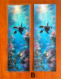 Orca bookmark with underwater reef scene and sunlit ocean background