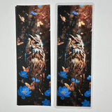 Owl bookmark design A with moody woodland artwork, blue flowers, and butterflies