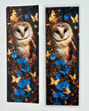 Owl bookmark design B with barn owl artwork, blue flowers, and glowing butterflies