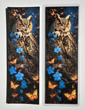 Owl bookmark design C with detailed owl artwork and vivid blue floral accents
