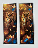Owl bookmark design D with warm glowing owl artwork and butterfly details