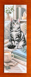 Cozy reading bookmark with silver tabby cat books coffee and bookish gift design