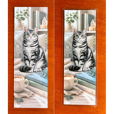 Silver tabby cat bookmark featuring realistic American Shorthair cat with books and coffee