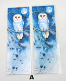 Snowy owl bookmark with blue moonlit forest design