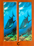 Whale shark bookmark with vivid blue water and tropical coral reef artwork