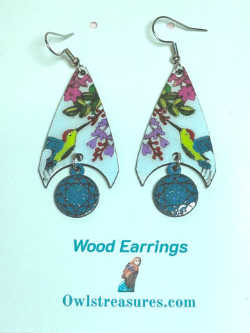 Hummingbird Wood Earrings – Hand Painted Basswood with Floral Design & Silver Tone Findings